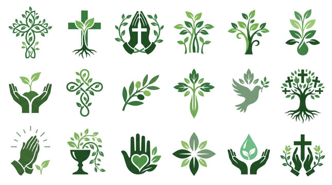 Green Christian faith eco icons cross leaves nature hope vector art