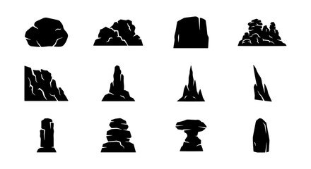 Vector Rock Silhouettes Collection, Mountain Stone Shapes, Geological Elements, Nature Landscape Icons © Farjana