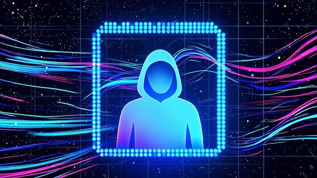 Hooded Anonymous Figure in Neon LED Frame with Flowing Data Streams on Cosmic Grid Background