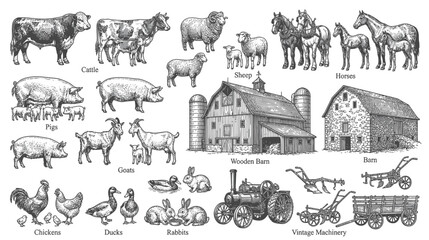 Farm Animals and Buildings Vintage Sketch Collection © dewa