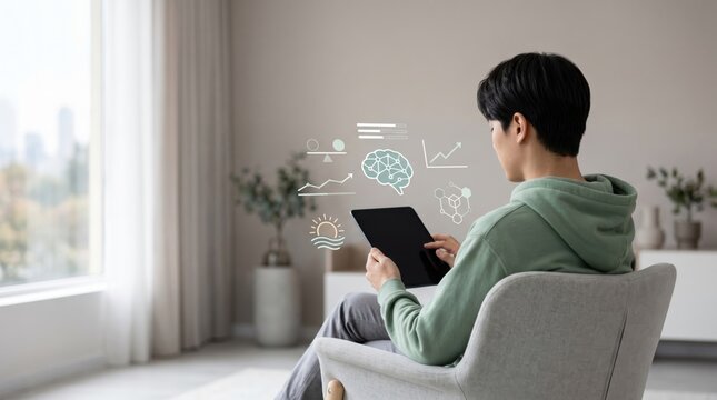 Man using tablet with futuristic holographic icons for learning and creativity at home, education technology concept