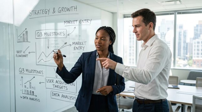 Diverse business team analyzing strategy and growth charts on glass whiteboard in modern office, planning market entry and Q3 milestones for corporate success