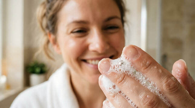 Smiling young woman in bathrobe holding soapy lather in hands during morning bathroom routine