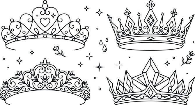 Royal Crown and Tiara Line Art Vector Collection Featuring Elegant Queen Princess and King Headwear Icons for Birthday Luxury Logo and Tattoo Designs