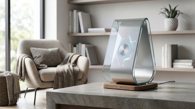 Futuristic smart home device with glowing interface on wooden table in cozy living room interior, modern wireless speaker system with artificial intelligence technology for auto...
