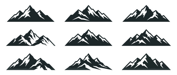 Collection of Mountain Peak Icons, Vector Graphics for Outdoor Adventure and Nature Themes © wildan