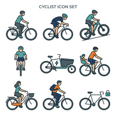 Obraz premium Cyclist Icon Set with Various Bicycle Types and Riders
