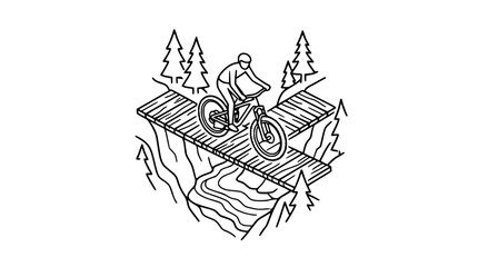 Mountain biker crossing wooden bridge over river, extreme sport illustration, outdoor adventure © Berkah