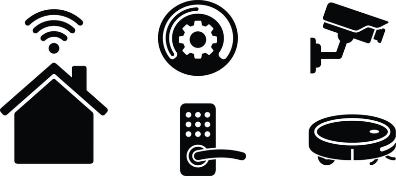 Smart home automation and intelligent domestic technology black silhouette icons vector collection featuring wifi house control gear settings digital lock cctv camera and robot vacuum