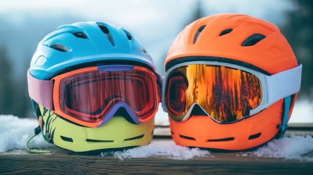 Two ski helmets with goggles in snow