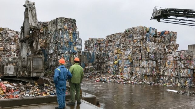 Two workers in safety gear inspecting bales of compressed recyclables at a waste management facility