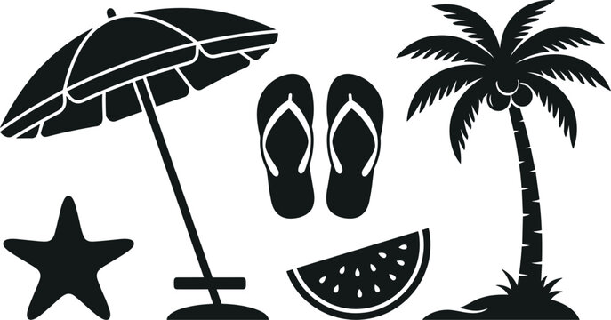 Summer beach vacation silhouette vector elements set featuring a large parasol umbrella, palm tree, flip flops, starfish, and a fresh watermelon slice.