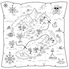 Fototapeta premium An old treasure map of an island with a skull, compass, ships, anchor and dotted line to 'X'