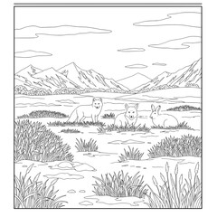 Fototapeta premium Mountainous landscape with animals, rendered as a line art drawing for coloring