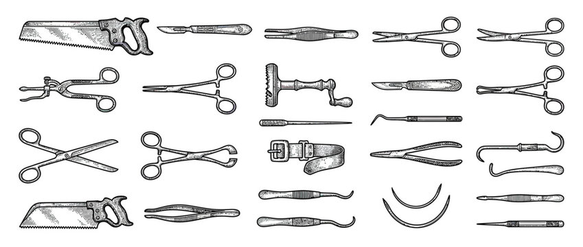Vintage Medical Surgical Instruments Collection Hand Drawn Illustration