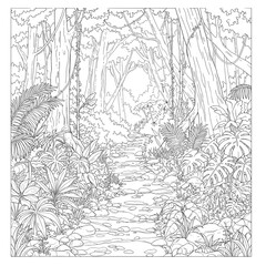 Obraz premium Jungle Path Intricate monochrome jungle scene with pathway, dense foliage, and towering trees