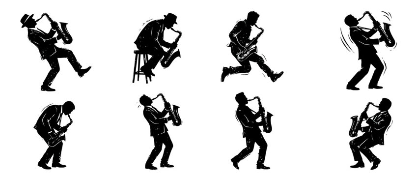 Silhouettes of musicians playing saxophone in various poses