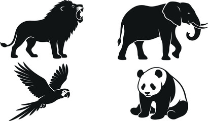 Wild animals and zoo wildlife black silhouette vector icons set featuring roaring lion walking elephant flying macaw parrot and sitting panda bear. © MAHIYA AKTER