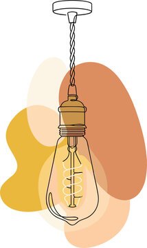 Minimalist line art hanging vintage edison bulb pendant lamp vector with abstract organic shapes background for interior design concept