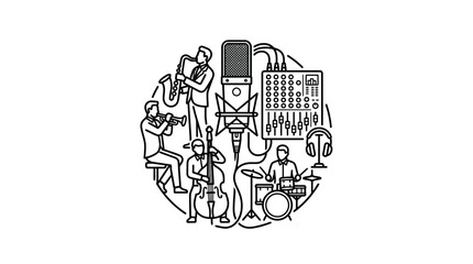 Industrial Style Black and White Line Art of Jazz Band with Audio Equipment and Mixer with high quality professional line art symbols for modern creative design and digital branding projects © mulyadi