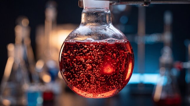Close up of round glass laboratory flask with boiling red chemical liquid and air bubbles in a modern science research facility.