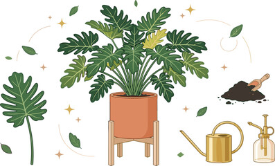 Philodendron houseplant vector illustration set featuring a potted tree on a wooden stand golden watering can glass mister spray and potting soil © Md abusufian