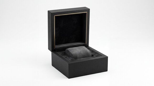 Luxurious Open Black Leather Watch Box with Gold Trim and Velvet Pillow Isolated on Plain White Background for Presentation