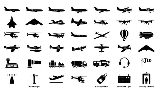 Airplane Helicopter and Drone Black Silhouette Icon Pack