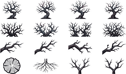 Spooky dead tree vector illustration set featuring creepy bare branches twisted trunks thorny bushes roots and cross section stump wood texture © Md abusufian