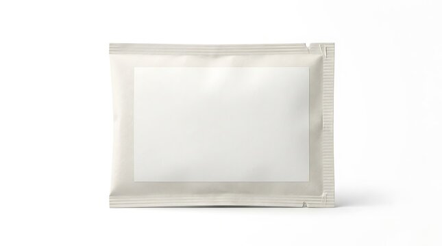 Rectangular food sachet or cosmetic pouch with a large blank white label area for branding isolated on a plain white background mockup