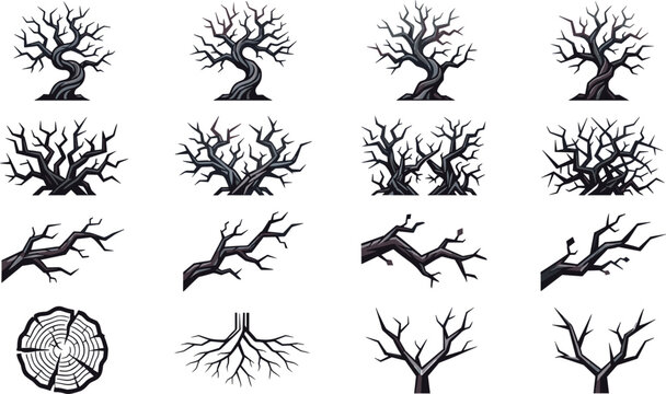 Spooky dead tree vector illustration set featuring creepy bare branches twisted trunks thorny bushes roots and cross section stump wood texture