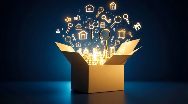 Open box with glowing city and real estate icons image