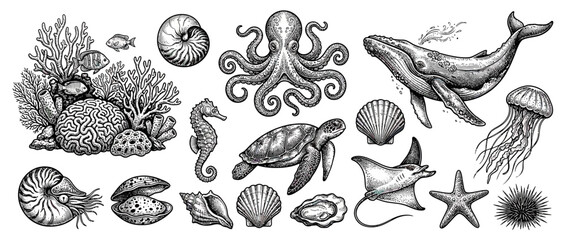 Hand-Drawn Marine Life Collection Sketch Vintage Style © ladawe