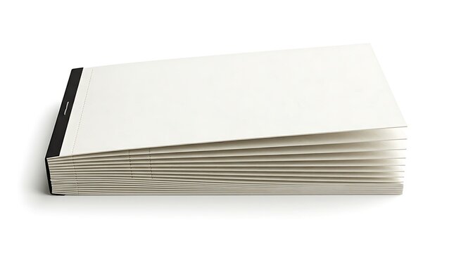 Thick stack of white paper sheets bound with a black header strip isolated on a plain white background, for stationery, product mockup