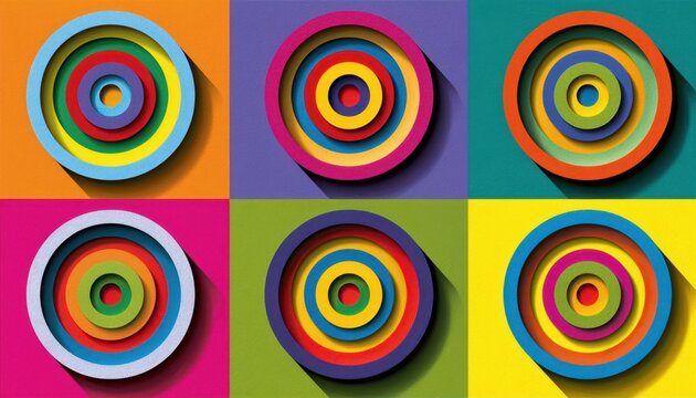 Vibrant concentric circle compositions arranged in a grid