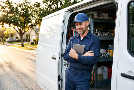 Smiling plumber holding tablet next to white work van