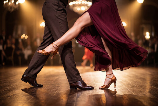 Graceful lower section of a couple ballroom dancing on a wooden floor