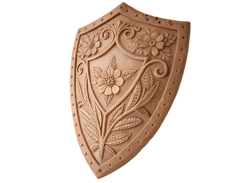 Ornate wooden shield with floral carvings and embossed details