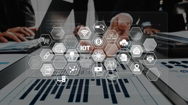 In a corporate setting, professionals engage with digital analytics showcasing various technology concepts, illustrating the integration of IoT and blockchain in business strategies. Raster