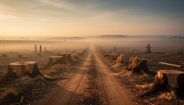 Dirt road cutting through a deforested landscape. suitable for forest conservation campaigns, anti-illegal logging posters, or environmental educational materials.