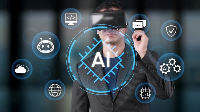 Businessman Engaged in Virtual Reality Experience with Artificial Intelligence Icons Displayed in Modern Office Environment. Entropy.