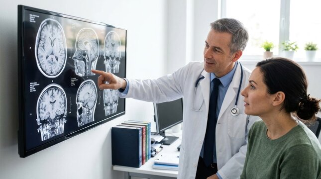 A doctor, a middle-aged man with graying hair, is explaining a brain MRI scan to a young woman. The doctor, wearing a white coat and stethoscope, points to the images on a large screen.