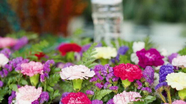 Vibrant Carnation and Statice Floral Arrangement at Bangkok Flower Market