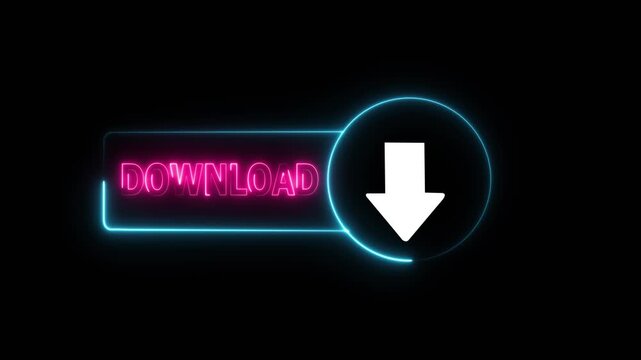 Neon download button animation with glowing pink text and white arrow for digital interface and web ui