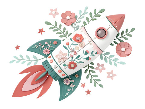 Paper rocket launching with floral embellishments and leafy branches during daylight for imaginative travel