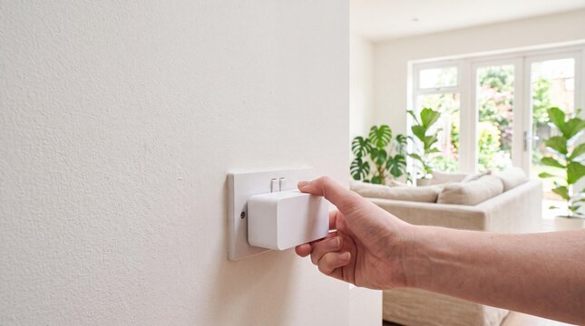 Hand plugging a smart plug into a white wall socket in a modern living room