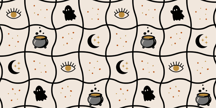 Halloween Seamless Pattern with Moon Eye Ghost Cauldron, Mystical Witchy Cute Background