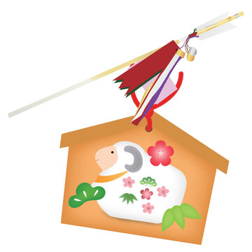 梅と松の装飾が施された日本の伝統的な木製絵馬