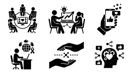 Obraz premium Icons of Collaboration and Social Connection: A collage of simple, stylized icons representing teamwork, business meetings, social media engagement, global awareness, helping hands, and ideas.