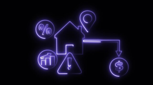 Real estate market risk analysis neon animation, property investment financial warning and mortgage interest rate concept with glowing digital